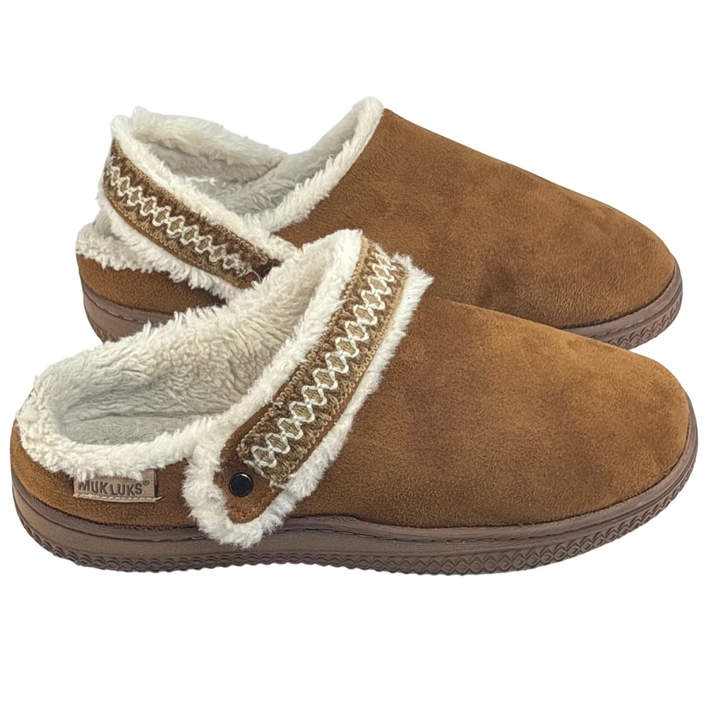 Muk Luks Slipper Clogs Brown Faux Suede Fur Trim Boho Cabin Women Sz 7 8 Medium